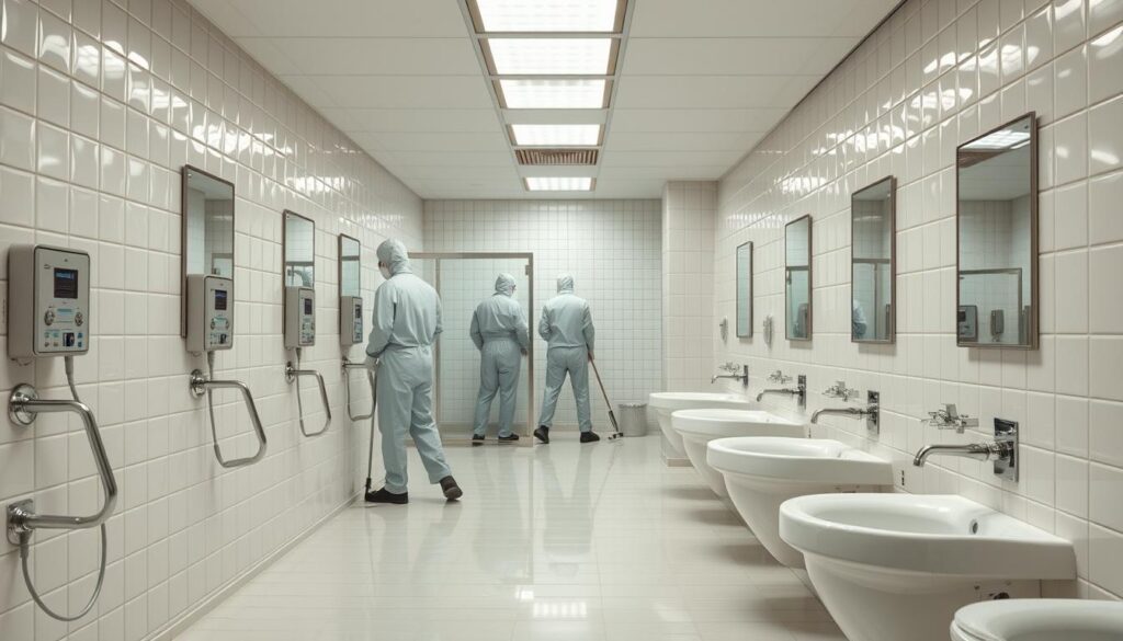 Prompt A spotless commercial restroom, gleaming with hygienic cleanliness. Pristine white tiles, polished chrome fixtures, and a fresh, minty scent fill the air. A team of professional cleaners, clad in protective gear, meticulously scrubbing every surface, ensuring every inch is sanitized to the highest standards. Bright, even lighting illuminates the scene, highlighting the attention to detail and the commitment to maintaining a safe, healthy environment for all who enter. The overall atmosphere conveys a sense of order, professionalism, and a dedication to providing a superior level of commercial cleaning services.