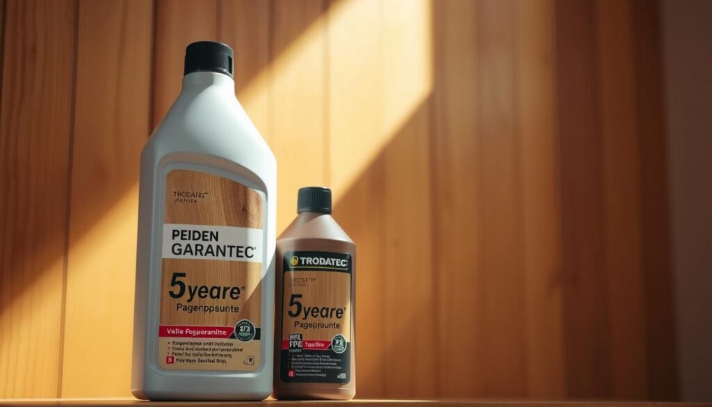 5 Jahre Garantie Pflegeprodukte, fein detailliert im Vordergrund, mit dem TRODATEC-Markennamen prominent auf dem Produktpackaging. Dahinter eine helle, freundliche Holzfassade in warmen Farbtönen, natürliches Licht fällt von der Seite ein und erzeugt sanfte Schatten. Der Hintergrund ist verschwommen, um den Fokus auf die Produktgarantie zu lenken. Die Stimmung ist ruhig, hochwertig und vertrauensvoll, um die Sicherheit und Langlebigkeit der Holzpflege-Produkte zu vermitteln.