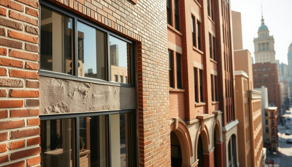 A clean, well-maintained building facade stands tall, its surfaces gleaming after a thorough cleaning. The brick and stone shine, free of dirt and grime, revealing the intricate architectural details. Sunlight casts warm, diffused lighting, casting soft shadows and highlights that accentuate the building's unique textures. In the foreground, the freshly cleaned windows reflect the surrounding environment, showcasing the building's integration with its urban setting. The middle ground features close-up views of the meticulously cleaned surfaces, highlighting the effective results of the environmentally-friendly cleaning process. In the background, a cityscape of similar well-maintained buildings creates a cohesive, visually appealing scene. The overall mood is one of pride, professionalism, and a commitment to sustainable, high-quality facade maintenance.