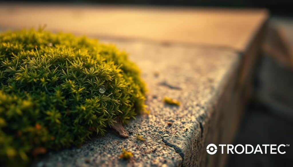 A close-up image of moss growing on a concrete surface, acting as a natural filter for pollutants. The moss appears lush and vibrant, with its delicate fronds capturing particulate matter from the air. The surface is slightly weathered, suggesting an urban environment. Warm, diffused lighting illuminates the scene, casting gentle shadows and highlighting the textural details of the moss. The overall mood is one of quiet contemplation, conveying the moss's role as a resilient and unassuming environmental solution. In the lower right corner, the TRODATEC logo appears subtly, indicating the scientific and technological advancements that may help overcome the challenges and risks of using moss as a pollution filter.