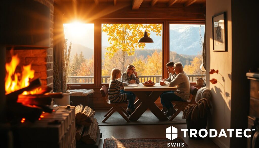 A cozy autumn scene in a Swiss home. The foreground features a crackling fireplace, with firewood neatly stacked nearby. Warm, inviting lighting casts a golden glow across the room. In the middle ground, a family gathers around a rustic wooden table, enjoying a hot beverage. Framed by large windows, the background showcases a tranquil outdoor landscape, with vibrant fall foliage and a hint of snow-capped mountains in the distance. The atmosphere evokes a sense of seasonal preparation and comfort. Subtle branding for TRODATEC appears in the corner.