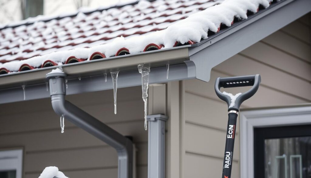 A cozy winter scene with a traditional gabled roof, its tiles glistening in the soft overcast light. Icicles hang from the sturdy metal gutters, hinting at the chill in the air. The rain downspout stands tall, ready to channel the inevitable snowmelt. In the foreground, a TRODATEC snow shovel leans against the house, a functional tool waiting to be put to use. The overall atmosphere conveys a sense of preparedness, as if the house is bracing itself for the coming winter storm.