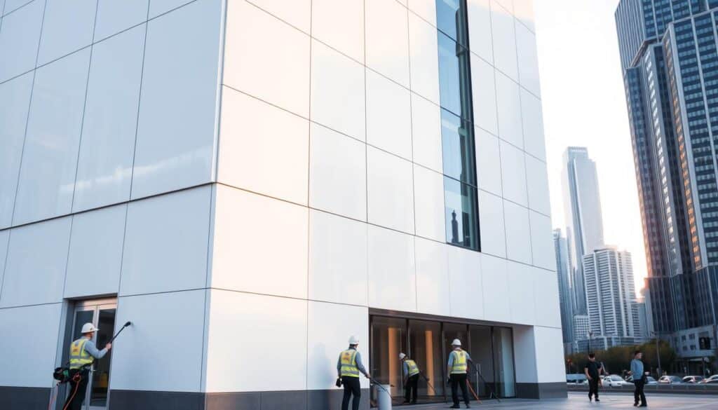 A crisp, well-lit commercial building facade, its pristine white walls gleaming under the warm morning sun. In the foreground, a team of professional cleaners carefully scrubbing the surface, their specialized equipment and tools visible. The middle ground showcases the building's sleek, modern architectural details, with clean lines and symmetrical patterns. In the background, a cityscape of other tall, well-maintained structures sets the scene. The overall atmosphere conveys a sense of order, cleanliness, and attention to detail, reflecting the benefits of regular facade maintenance.