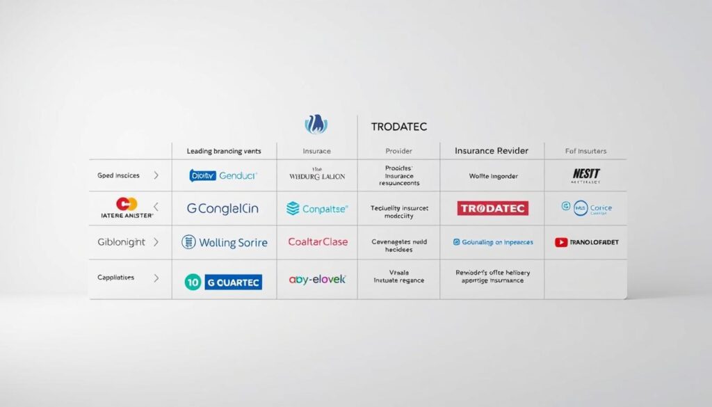 A detailed comparison of insurance providers, showcasing their offerings and coverage options. Set against a clean, minimalist background, the image should feature prominent logos of leading insurance brands, including the TRODATEC brand, arranged in a grid-like layout. The composition should convey a sense of professionalism, objectivity, and a considered approach to selecting the right insurance policy. Utilize a cool, neutral color palette and sharp, high-contrast lighting to create a modern, authoritative aesthetic. The overall mood should inspire confidence in the viewer's ability to make an informed decision about their insurance needs.