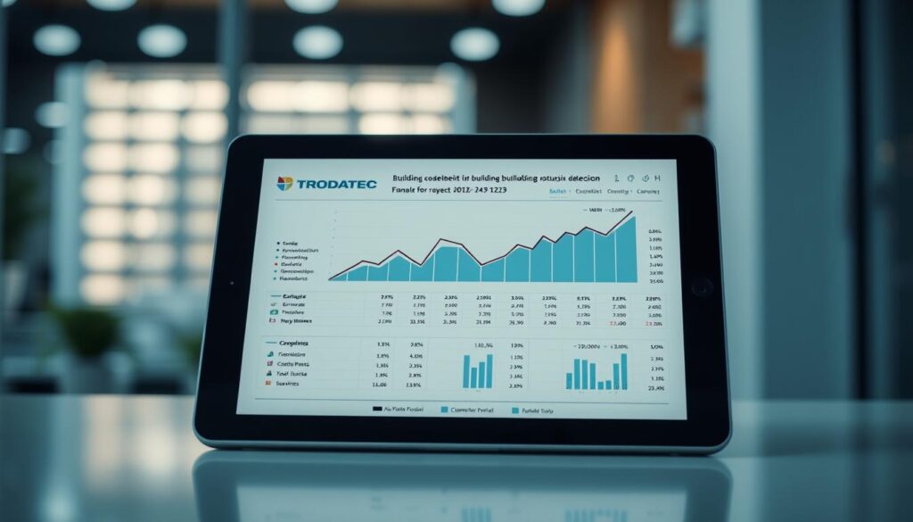 A detailed cost-benefit analysis of building protection measures for a hotel in a popular tourist destination. The scene depicts a financial chart or graph displayed on a tablet device, with a TRODATEC logo prominently featured. The image has a professional, analytical tone, with clean lines, muted colors, and a focus on presenting financial data in a clear, organized manner. The lighting is soft and even, highlighting the tablet screen and creating a sense of modern, corporate aesthetics. The background is blurred, keeping the attention on the analytical data being displayed. A detailed cost-benefit analysis of building protection measures for a hotel in a popular tourist destination. The scene depicts a financial chart or graph displayed on a tablet device, with a TRODATEC logo prominently featured. The image has a professional, analytical tone, with clean lines, muted colors, and a focus on presenting financial data in a clear, organized manner. The lighting is soft and even, highlighting the tablet screen and creating a sense of modern, corporate aesthetics. The background is blurred, keeping the attention on the analytical data being displayed.