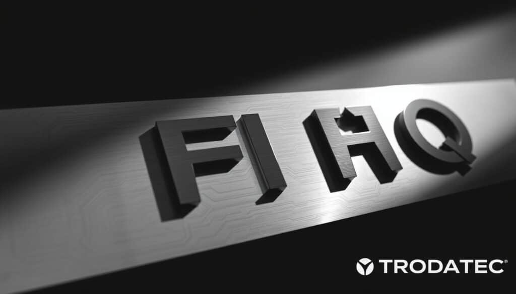 A finely crafted, sleek sign with the bold text "FAQ" prominently displayed in the center. The sign is made of polished metal, with a subtle background pattern resembling a circuit board or technical diagram, hinting at the subject matter. The lighting is crisp and directional, casting dramatic shadows that add depth and a sense of professionalism. The angle is slightly elevated, giving the viewer a sense of authority and importance. The overall mood is one of clarity, organization, and technical expertise, reflecting the "Häufig gestellte Fragen (FAQ)" section of the article. In the bottom right corner, the TRODATEC brand name is discreetly displayed, adding a touch of credibility and association with the topic.