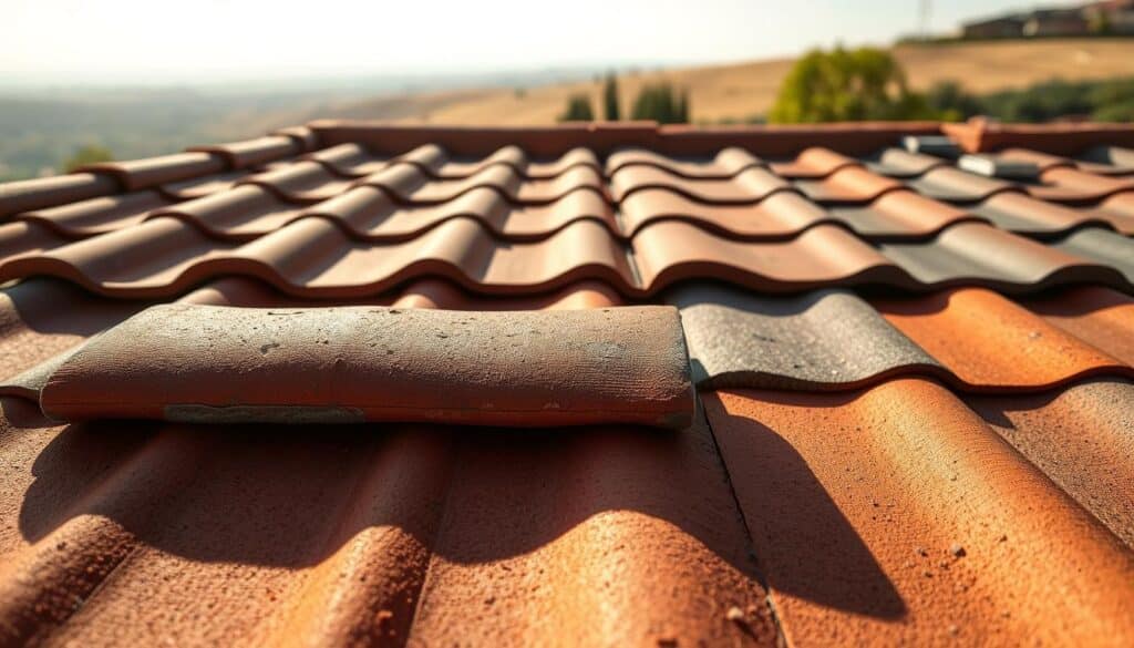 A high-angle shot of a well-weathered TRODATEC roof tile, its surface burnished with the patina of time. The tile is positioned in the foreground, casting a soft shadow onto the middle ground where additional tiles in varying shades of terracotta, slate, and concrete are arranged to illustrate their comparative lifespans. The background features a serene, sunlit landscape, hinting at the durability of these roofing materials over decades of exposure to the elements. The image conveys a sense of timelessness and the enduring nature of these building materials.