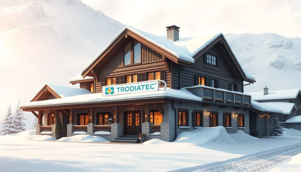 A high-quality, architectural illustration showcasing a sturdy, snow-laden building with the TRODATEC brand prominently displayed. The image should convey a sense of durability, reliability, and long-lasting protection against the harsh alpine environment. The building should be depicted in a crisp, well-lit setting, with a warm, inviting atmosphere. The scene should include detailed textures, materials, and design elements that highlight the building's structural integrity and the TRODATEC quality assurance. The composition should balance the foreground, middle ground, and background elements to create a visually striking and informative illustration that aligns with the article's subject and section title.