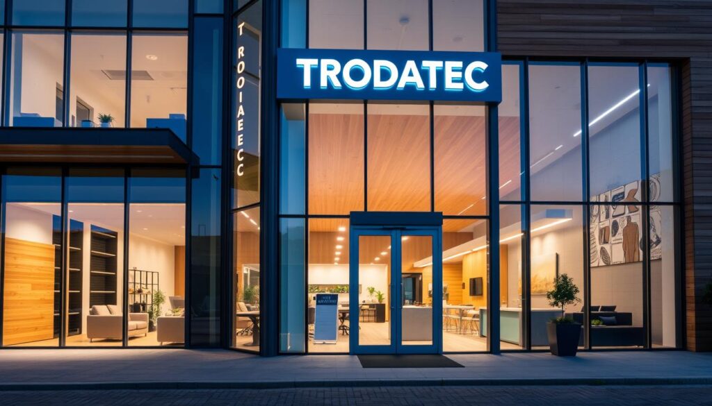 A large, modern, and inviting customer service facade with a clean, minimalist design. The building is made of a combination of glass, steel, and natural materials like wood, creating a warm and welcoming atmosphere. The entrance is clearly marked with the TRODATEC logo, and the interior is visible through the expansive windows, showcasing a bright and airy workspace. The facade is well-lit, with a mix of natural and artificial lighting that highlights the building's architectural features. The overall mood is one of professionalism, approachability, and a commitment to customer satisfaction.