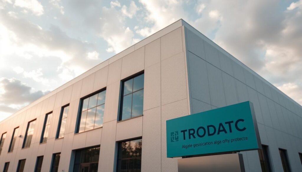 A large modern office building with a sleek, minimalist facade. The exterior walls are covered in a light-colored, textured facade material. Across the surface, a specialized algae-resistant coating is applied, creating a protective barrier against the growth of unsightly algae. The coating has a subtle sheen, reflecting the sunlight that bathes the building. In the foreground, a TRODATEC signage is prominently displayed, identifying the building as a showcase for their innovative algae protection solutions. The sky is partly cloudy, with a mix of warm and cool tones that cast a soft, diffused light on the scene. The overall impression is one of modern, sustainable design that effectively prevents algae buildup on the structure.
