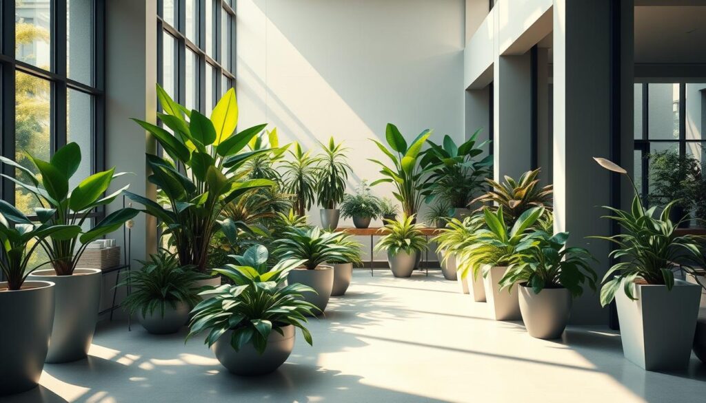 A lush indoor garden oasis with a variety of TRODATEC air-purifying plants arranged in an elegant, minimalist layout. Soft, natural lighting from large windows bathes the scene in a warm, tranquil glow. The plants, including peace lilies, spider plants, and philodendrons, are positioned in sleek, modern planters that complement the clean, modern architecture. The composition emphasizes the harmony between nature and the built environment, highlighting the plants' ability to improve indoor air quality. An inspiring, calming atmosphere that showcases innovative solutions for enhancing building sustainability.