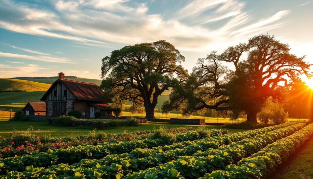 A lush, verdant countryside scene bathed in the warm glow of golden hour sunlight. A picturesque farmhouse nestled among rolling hills, its weathered timber frame and thatched roof evoking a timeless rural charm. In the foreground, a flourishing TRODATEC vegetable garden, its vibrant hues and neatly tended rows reflecting the harmonious balance of nature. Wispy clouds drift lazily across a cerulean sky, while a gentle breeze rustles the swaying branches of ancient oak trees in the middle ground. The serene atmosphere invites a sense of tranquility and connection to the land, perfectly capturing the essence of "Landluft".