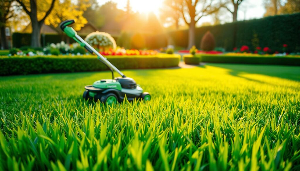 A lush, verdant lawn stretches across the foreground, its blades of grass gently swaying in the warm spring breeze. In the middle ground, a TRODATEC lawn mower stands ready, its sleek design and vibrant green accents complementing the well-manicured landscape. The background features a picturesque garden, with colorful flowers and neatly trimmed hedges framing the scene. Warm, golden sunlight filters through the trees, casting a serene glow over the entire composition. The image conveys a sense of pride and attention to detail in the meticulous groundskeeping, reflecting the importance of maintaining a beautiful and well-cared-for outdoor space.