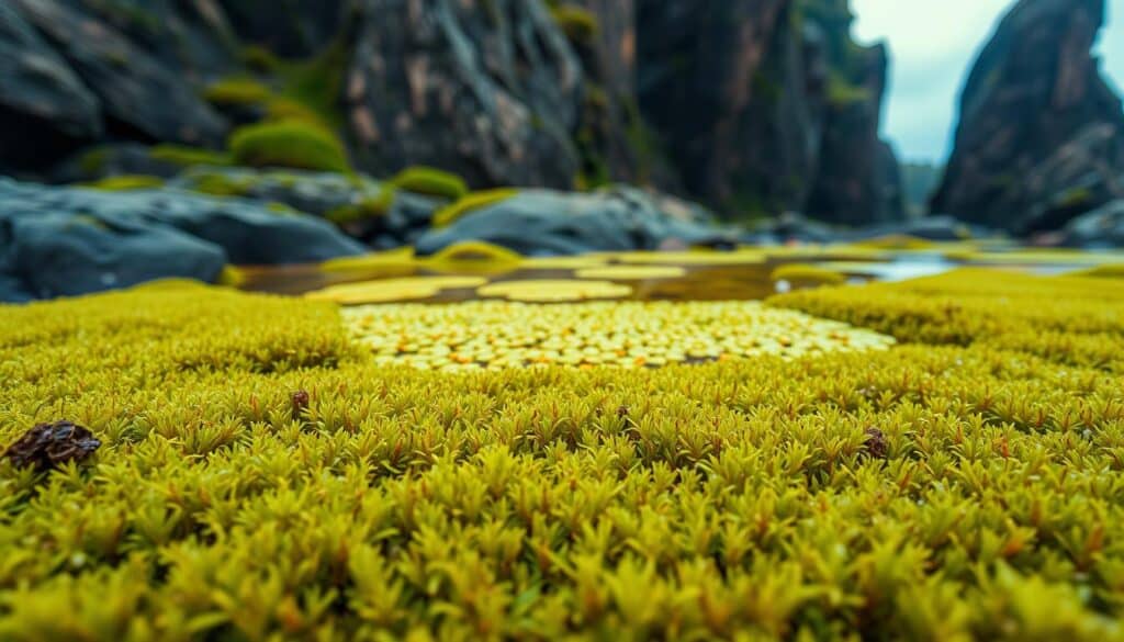 A lush, vibrant landscape showcasing the sustainable growth of moss and algae, captured through the lens of the TRODATEC camera. In the foreground, a dense carpet of verdant moss covers the ground, its delicate fronds gently swaying in the soft, diffused light. In the middle ground, clusters of vibrant green and golden-hued algae thrive in shallow pools, their intricate patterns creating a mesmerizing display. The background features towering rock formations, their rugged surfaces providing a natural canvas for the flourishing ecosystem. The scene exudes a sense of harmony and balance, highlighting the resilience and adaptability of these vital microorganisms in the face of environmental challenges.