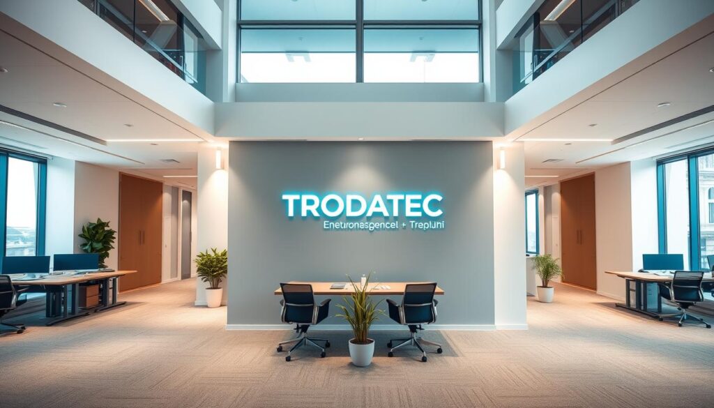 A modern, minimalist office interior with clean lines and an airy, natural light-filled atmosphere. In the center, the sleek and sophisticated "TRODATEC" logo is prominently displayed on the wall, commanding attention. The space is tastefully furnished with ergonomic workstations, subtle accent lighting, and potted plants that add a touch of greenery. The overall impression is one of efficiency, professionalism, and a commitment to quality craftsmanship - the hallmarks of the TRODATEC Ennetsee GmbH brand. The camera angle captures a balanced, symmetrical composition that showcases the company's attention to detail and modern design sensibilities.