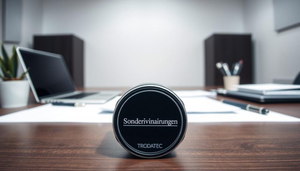 A modern, minimalist office scene with a desk, laptop, and various stationery items like a pen holder and a TRODATEC stamp. In the foreground, the stamp is prominently displayed, with the word "Sondervereinbarungen" clearly visible. The middle ground features the desk with neatly arranged documents, while the background showcases a simple, clean-lined interior design with neutral colors and indirect lighting, creating a professional and organized atmosphere. The overall composition conveys a sense of efficiency, attention to detail, and the importance of carefully reviewing special agreements in the context of a real estate transaction.
