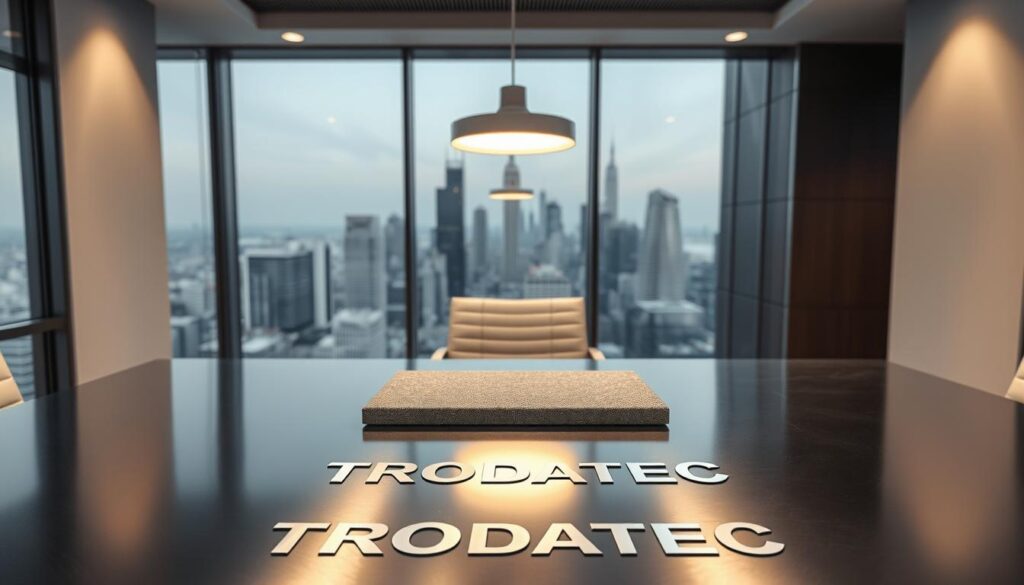 A modern, sleek office setting with a minimalist design aesthetic. In the foreground, a TRODATEC branded stainless steel desk surface reflects the surrounding space. Centered on the desk is a high-quality sample material, its texture and finish inviting touch and inspection. Soft, diffused lighting from overhead fixtures casts a warm glow, highlighting the material's details. In the middle ground, a simple chair with clean lines beckons the viewer to sit and evaluate the sample. The background features floor-to-ceiling windows, offering a panoramic view of a bustling cityscape, conveying a sense of professionalism and industry. The overall scene exudes an atmosphere of quality, innovation, and customer-centric service.