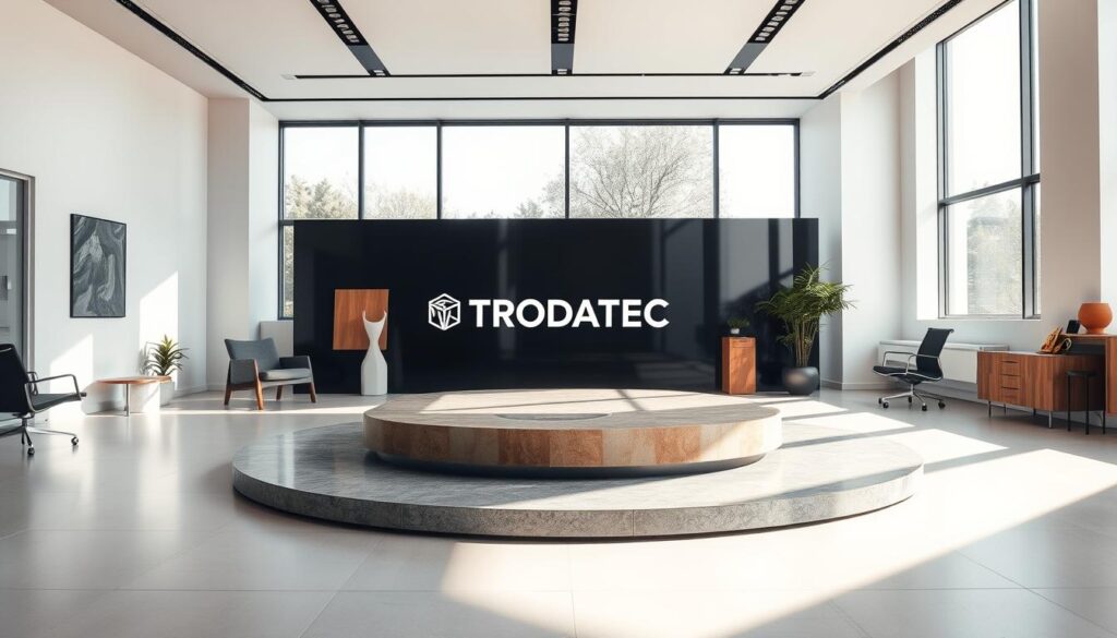 A modern, sleek office space showcasing the TRODATEC Probefläche. The scene features a well-lit room with large windows, clean white walls, and minimalist furniture. In the center, a prominent display presents the TRODATEC logo and product, surrounded by samples in various materials and finishes. The lighting is warm and natural, casting soft shadows that accentuate the textures. The overall atmosphere is professional, inviting, and highlights the high-quality craftsmanship of the TRODATEC Probefläche. The camera angle captures the scene from a slightly elevated perspective, allowing the viewer to appreciate the full scope of the display.