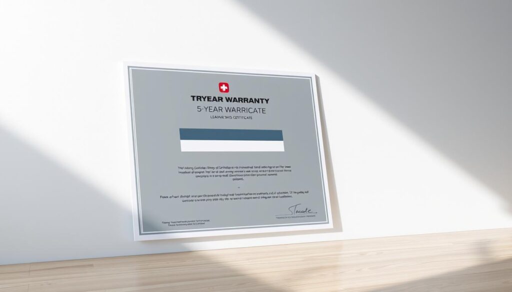 A modern, sleek rendering of a 5-year warranty certificate from TRODATEC, the leading Swiss manufacturer of industrial building solutions. The certificate is rendered in a minimalist style, with clean lines, a geometric layout, and a neutral color palette of grays and blues. The TRODATEC logo is prominently displayed, conveying a sense of trust and reliability. The certificate is presented in a well-lit, angular composition, with soft shadows and a subtle vignette effect, creating a professional, high-quality look and feel. The overall mood is one of confidence, quality assurance, and commitment to customer satisfaction.