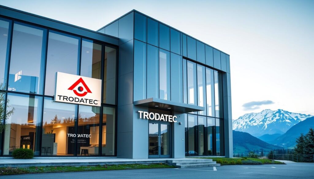 A modern, well-designed, and professional-looking office building with a sleek glass facade and a prominent TRODATEC logo displayed at the entrance. The building is situated in a scenic, mountainous region, with lush greenery and a backdrop of snow-capped peaks in the distance. The lighting is soft and warm, creating a welcoming atmosphere. The image captures the building's role as a key player in the roofing industry, showcasing its expertise and commitment to high-quality products and services.