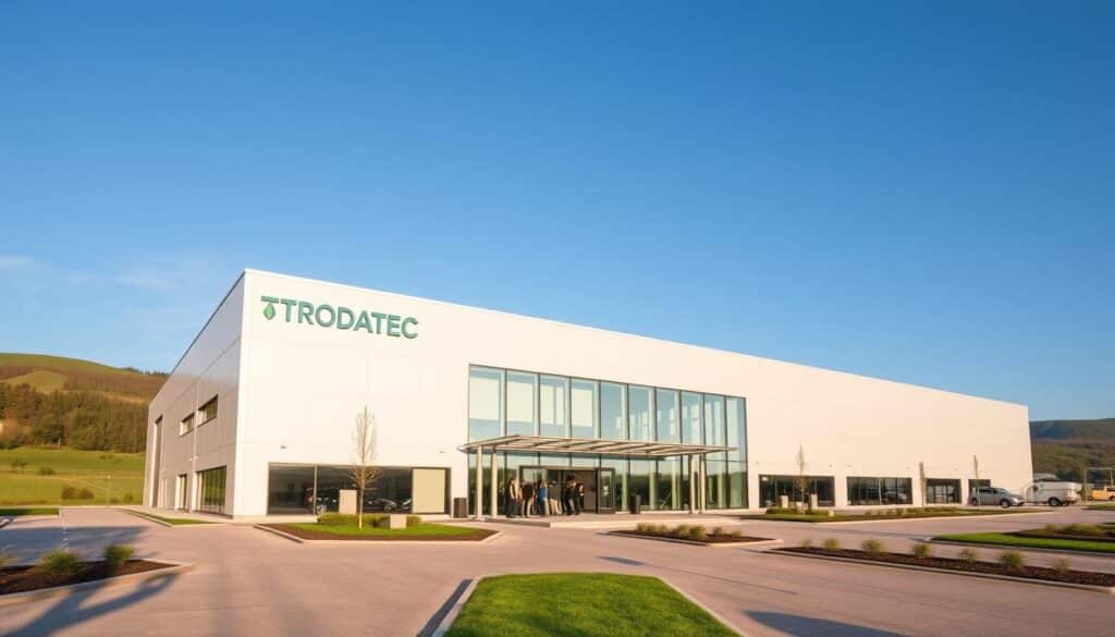 A modern, well-designed industrial facility with the "TRODATEC" logo prominently displayed on the sleek, glass-fronted facade. The building is set against a backdrop of lush, rolling hills and a clear blue sky, conveying a sense of environmental harmony. The lighting is warm and natural, highlighting the building's clean lines and energy-efficient design. In the foreground, a neatly landscaped courtyard leads visitors towards the main entrance, where a group of employees are visible, engaged in a collaborative discussion. The overall impression is one of a cutting-edge, environmentally responsible company that takes pride in its work and its connection to the surrounding landscape.