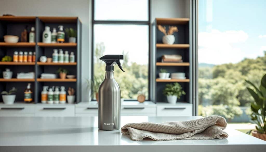 A modern, well-lit interior space showcasing a variety of eco-friendly cleaning products and methods. In the foreground, a sleek TRODATEC spray bottle and a microfiber cloth sit on a minimalist white counter. Behind them, shelves display a range of sustainable cleaning solutions, including plant-based detergents and reusable cloths. The middle ground features a large window, allowing natural light to flood the space and highlighting the clean, bright aesthetic. In the background, a serene view of lush greenery and a clear blue sky conveys a sense of environmental consciousness and harmony. The overall mood is one of simplicity, efficiency, and a commitment to sustainable practices.