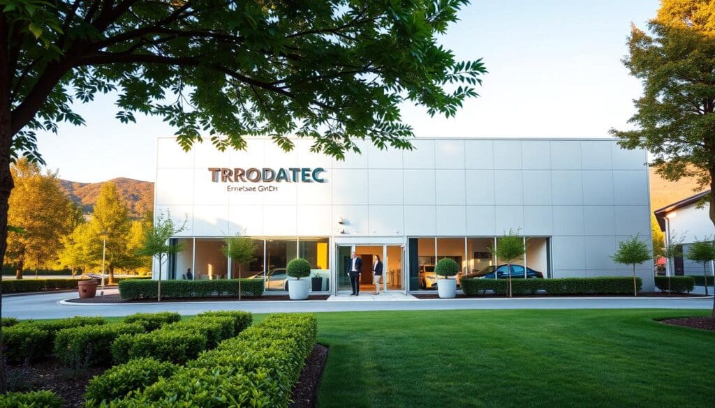 A modern, well-maintained office building with the "TRODATEC Ennetsee GmbH" logo prominently displayed on the facade. The building is situated in a picturesque, tree-lined business park, with neatly manicured landscaping in the foreground. Warm, natural lighting filters through large windows, casting a bright, inviting atmosphere. The architectural style is sleek and contemporary, with clean lines and minimalist design elements. In the middle ground, a few well-dressed professionals can be seen entering the building, suggesting a thriving, professional working environment. The background features a scenic, hilly landscape, adding to the overall sense of a well-established, successful enterprise.