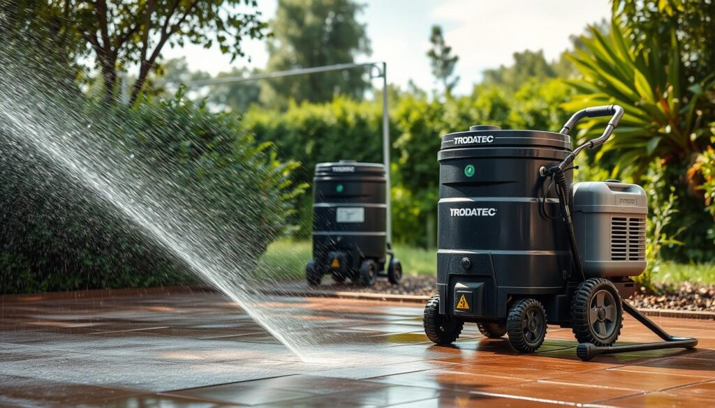 A peaceful outdoor scene depicting the process of using rainwater for surface cleaning. In the foreground, a TRODATEC high-pressure washer sprays a gentle stream of rainwater onto a paved surface, effectively removing dirt and grime. The middle ground showcases a rainwater collection barrel, strategically placed to capture and store the precious resource. In the background, lush greenery and a clear sky create a serene and environmentally-conscious atmosphere. The lighting is soft and natural, casting a warm glow over the entire scene. The camera angle is slightly elevated, providing a comprehensive view of the setup and highlighting the practical application of utilizing rainwater for surface cleaning.