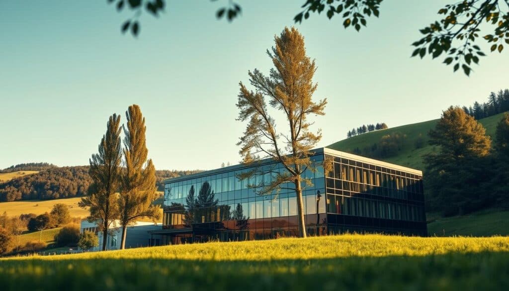 A professional, well-lit photograph of the TRODATEC Ennetsee GmbH corporate headquarters building, situated in a peaceful rural setting. The modern, glass-and-steel structure stands prominently in the foreground, its clean lines and reflective facade creating a striking visual contrast against the lush, verdant landscape in the background. Tall trees and rolling hills provide a picturesque natural backdrop, enhancing the tranquil, serene atmosphere. The image is captured at a low angle, emphasizing the building's imposing presence and architectural elegance. Soft, diffused lighting illuminates the scene, creating a warm, inviting ambiance that complements the subject matter.