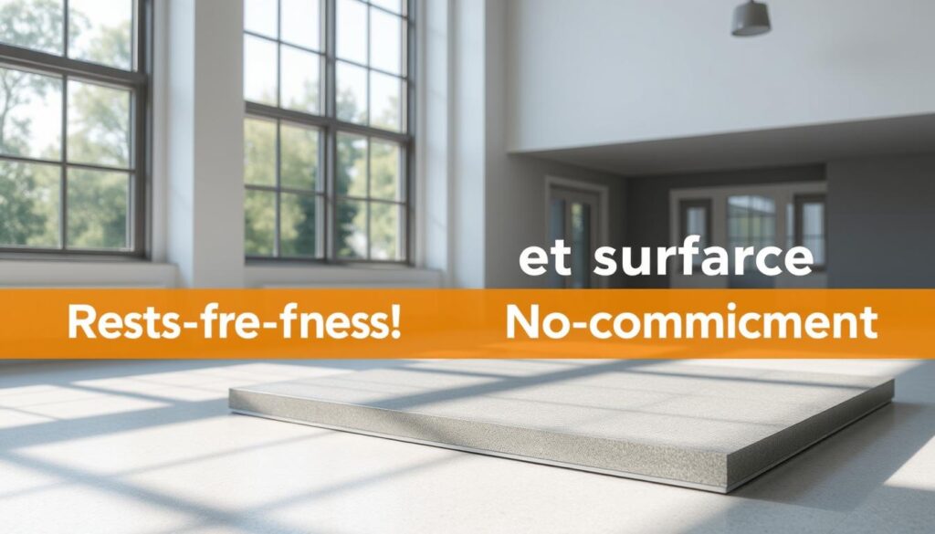 A sample test surface made of durable, eco-friendly materials from TRODATEC Schweiz. It sits in a bright, airy room with large windows, bathed in natural light. The surface has a sleek, modern design with a smooth, uniform texture. A sense of transparency and openness pervades the scene, conveying the risk-free, no-commitment nature of the offering. The overall mood is one of serenity, professionalism, and environmental consciousness.