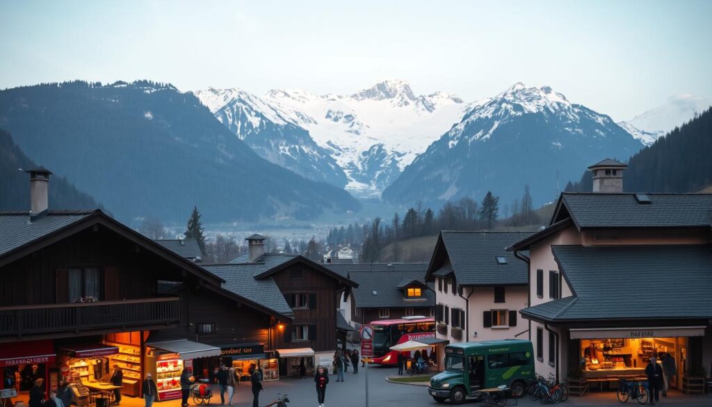 A serene Swiss village nestled in the Alps, with a focus on the regional services available to residents and visitors. In the foreground, a quaint town square is bustling with activity - local artisans and tradespeople offering their wares, while patrons browse and engage with the community. In the middle ground, a well-maintained public transportation hub connects the village to the surrounding countryside, with electric buses and bicycles available for eco-friendly travel. In the background, the majestic snow-capped peaks of the Alps rise up, casting a tranquil glow over the scene. Warm, diffused lighting illuminates the scene, creating a sense of comfort and reliability in the regional services on offer.