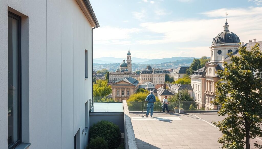 A serene and eco-friendly façade cleaning scene in Zurich. A residential or commercial building with a clean, well-maintained exterior stands in the foreground, its surface glistening under soft, diffused natural lighting. In the middle ground, a team of professional cleaners uses gentle, biodegradable solutions and specialized equipment to carefully scrub the walls, ensuring a spotless finish without harming the environment. The background showcases the picturesque cityscape of Zurich, with its iconic architecture and lush greenery, creating a harmonious and sustainable setting. The overall mood is one of diligence, responsibility, and a commitment to preserving the beauty and integrity of the urban landscape.