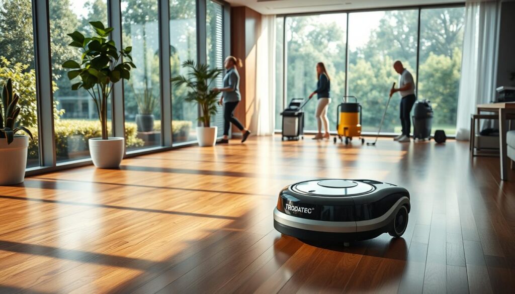 A serene, modern office space with large windows overlooking a lush garden. In the foreground, a TRODATEC cleaning robot effortlessly glides across the gleaming hardwood floors, efficiently scrubbing and polishing. Soft, diffused lighting bathes the scene, creating a tranquil, productive atmosphere. In the middle ground, a team of professional cleaners wipe down surfaces with microfiber cloths, their movements coordinated and deliberate. The background features well-organized cleaning supplies and equipment, emphasizing the streamlined, cost-effective nature of the professional cleaning process. An aura of cleanliness, order, and time/cost savings permeates the image, perfectly encapsulating the advantages of professional building maintenance in the hotel industry.