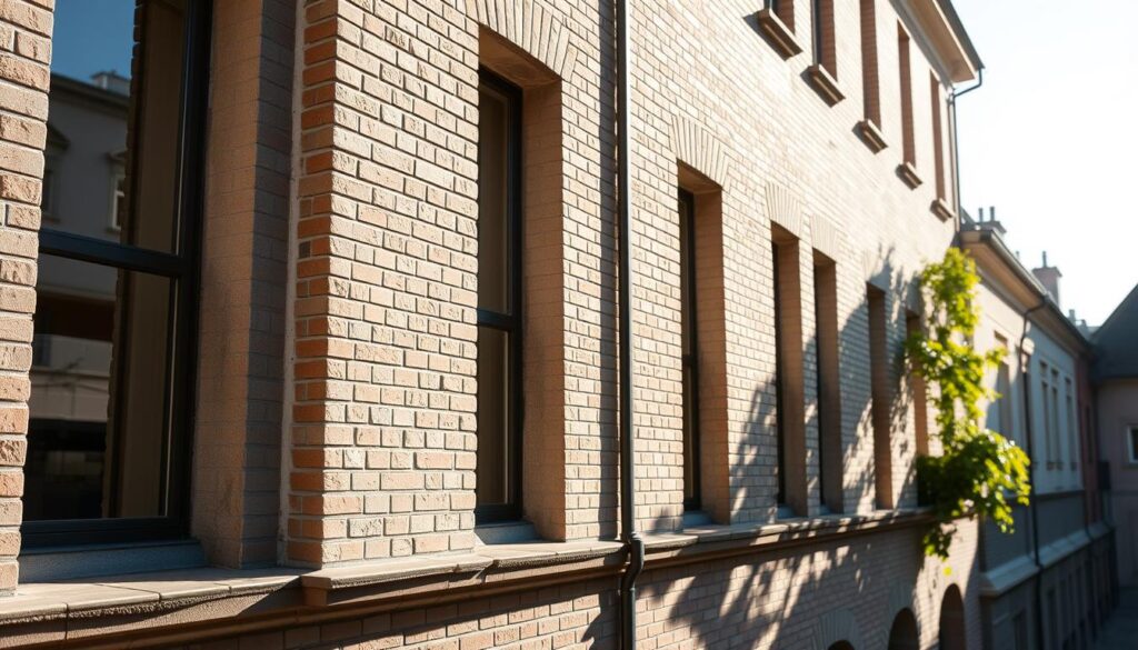 A serene, sun-dappled facade of a building in Bern, Switzerland, showcasing the benefits of eco-friendly cleaning. The exterior is meticulously maintained, with no visible dirt or grime, thanks to a gentle, plant-based cleaning solution. The brickwork and mortar joints are sharp and well-defined, reflecting the care and attention given to preserving the historic architecture. The overall scene conveys a sense of environmental consciousness and civic pride, with the building standing as a shining example of sustainable practices in urban design.