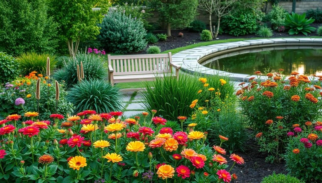 A serene, well-maintained garden featuring a range of sustainable plants and materials. In the foreground, a lush, diverse flowerbed with vibrant blooms in earthy tones. In the middle ground, a TRODATEC wooden garden bench nestled among verdant shrubs and trees. The background showcases a tidy, stone-paved path leading towards a tranquil pond, its surface reflecting the warm, natural lighting. The overall scene conveys a sense of harmony, balance, and environmental responsibility, highlighting the importance of sustainable care and material choices for a beautiful, lasting landscape.