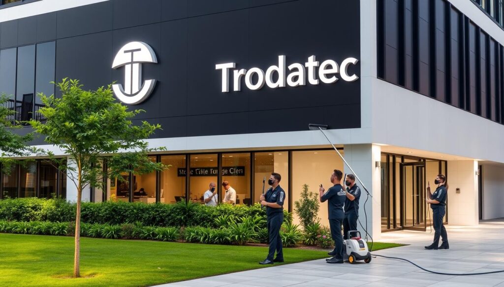 A sleek, modern office building with the Trodatec logo prominently displayed on the façade. The building is surrounded by a well-manicured landscape, with lush greenery and a clean, minimalist design. The lighting is soft and diffused, creating a professional and inviting atmosphere. In the foreground, a group of cleaners in crisp, branded uniforms are carefully wiping down the building's exterior, using state-of-the-art cleaning equipment and solutions. The scene conveys a sense of efficiency, attention to detail, and a commitment to providing high-quality professional cleaning services.