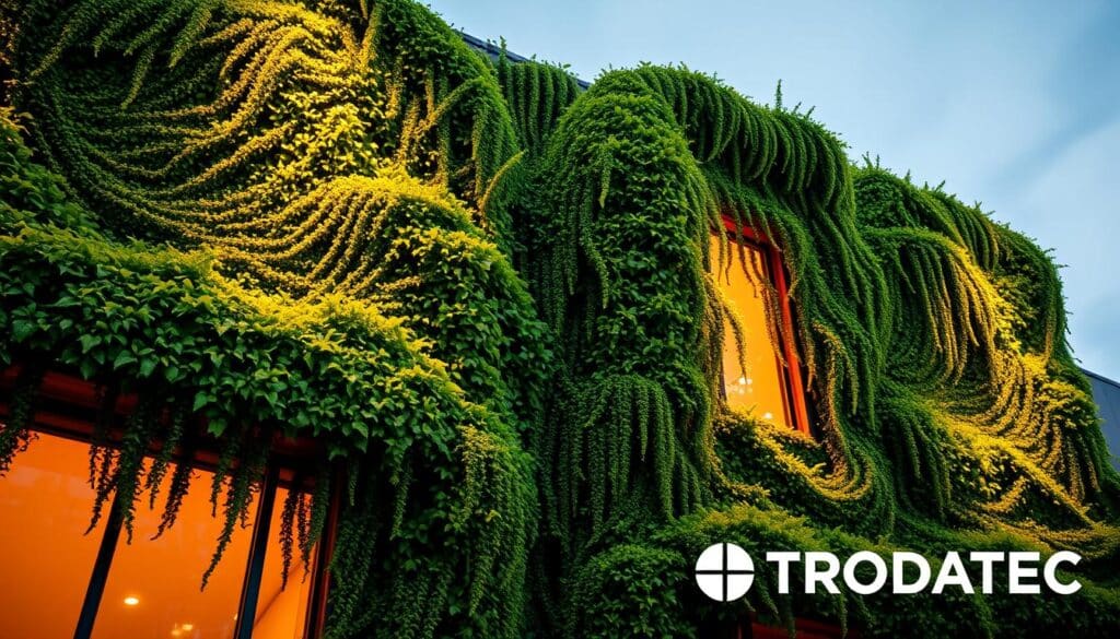 A striking facade adorned with vibrant, cascading greenery, creating a captivating visual impact. The lush foliage contrasts with the modern, minimalist architecture, drawing the eye and evoking a sense of harmony between nature and design. Warm, directional lighting casts a gentle glow, accentuating the textures and depth of the verdant tapestry. The scene conveys a sense of tranquility and environmental consciousness, yet the viewer is left to ponder the potential challenges and maintenance required, captured in the TRODATEC logo's subtle presence.