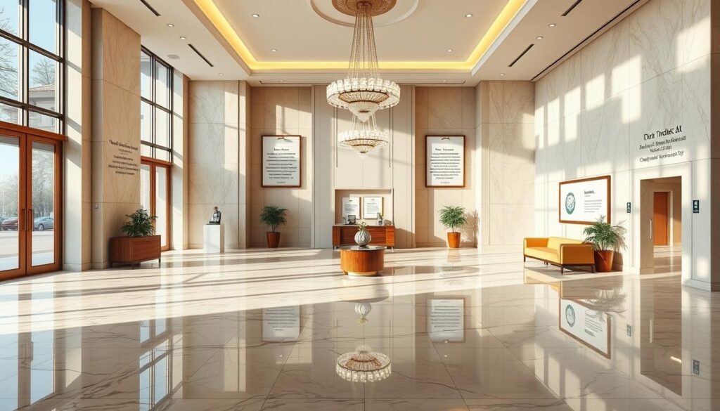 A stunning, photorealistic image of a commercial building's interior, showcasing the exceptional cleaning services provided by TRODATEC. The scene depicts a meticulously maintained lobby, with gleaming marble floors, polished wooden furniture, and a large, ornate chandelier casting a warm, inviting glow. The walls are adorned with framed customer testimonials, highlighting TRODATEC's dedication to environmental sustainability and their proven track record of success. The lighting is a harmonious blend of natural sunlight filtering through large windows and strategically placed ambient lighting, creating a well-balanced, visually appealing atmosphere. The composition emphasizes the professionalism and attention to detail that TRODATEC brings to its clientele, perfectly capturing the essence of the "Kundenreferenzen und Erfolgsgeschichten von TRODATEC" section.