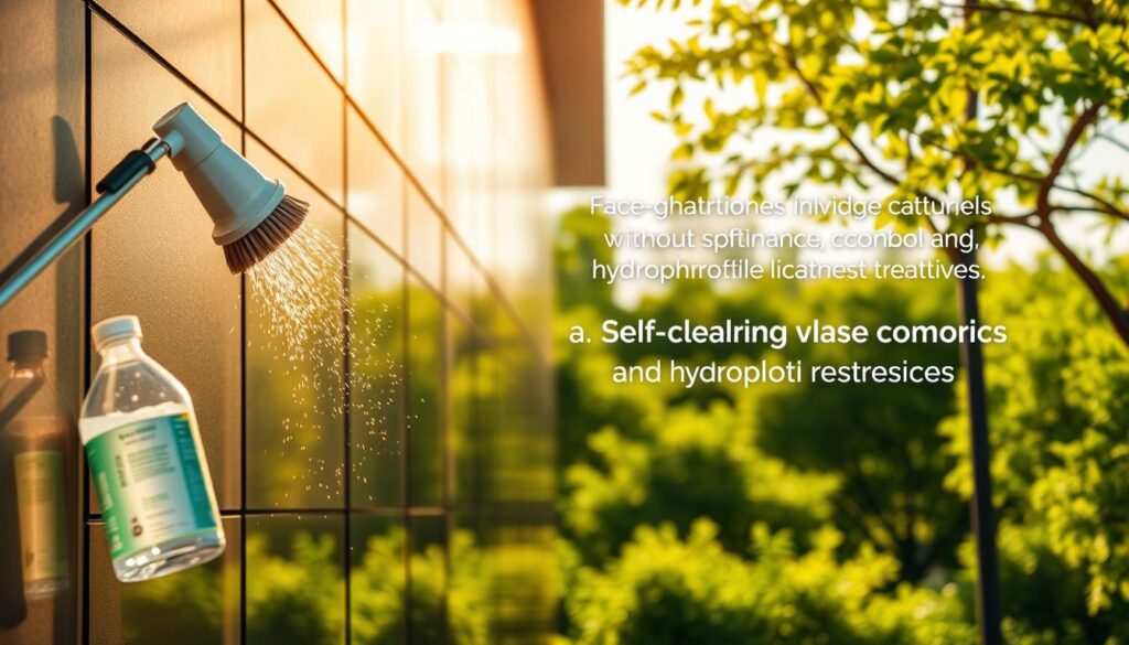 A tranquil, modern facade bathed in warm, natural light. In the foreground, a clean, eco-friendly cleaning solution is being applied with a soft-bristle brush, gently removing accumulated grime without damaging the surface. The middle ground showcases innovative facade maintenance techniques, such as self-cleaning coatings and hydrophobic treatments, while the background features a lush, verdant landscape, symbolizing a sustainable, forward-thinking approach to building preservation. The scene conveys a sense of harmony between technology, nature, and responsible stewardship of the built environment.