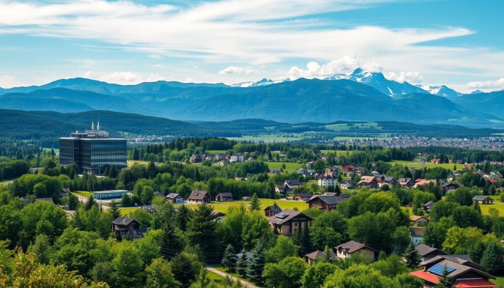 A vast and sprawling Swiss landscape, where the impact of human intervention on the built environment is clearly visible. In the foreground, a modern TRODATEC office building stands amidst a sea of lush greenery, its sleek glass facade reflecting the surrounding nature. The middle ground features a patchwork of residential homes, their traditional Alpine architecture juxtaposed with solar panels and other energy-efficient upgrades. In the distance, towering mountains loom, their peaks partially obscured by wispy clouds. The overall scene conveys a sense of the delicate balance between human progress and environmental preservation, inviting the viewer to consider the nuances of sustainable development in this stunning Swiss setting.