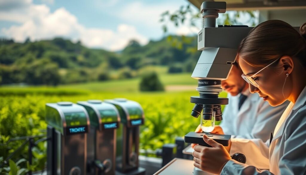 A vibrant, environmentally-friendly scene depicting TRODATEC's algae removal solution. In the foreground, a team of researchers examines a sample of algae under a high-powered microscope, their faces illuminated by the soft glow of the lab equipment. In the middle ground, an array of TRODATEC's specialized equipment stands ready, its sleek, modern design reflecting the innovative nature of the product. The background showcases a lush, verdant landscape, hinting at the natural harmony restored by TRODATEC's algae management techniques. The overall mood is one of scientific progress in harmony with the environment, captured through warm lighting, crisp details, and a balanced composition.