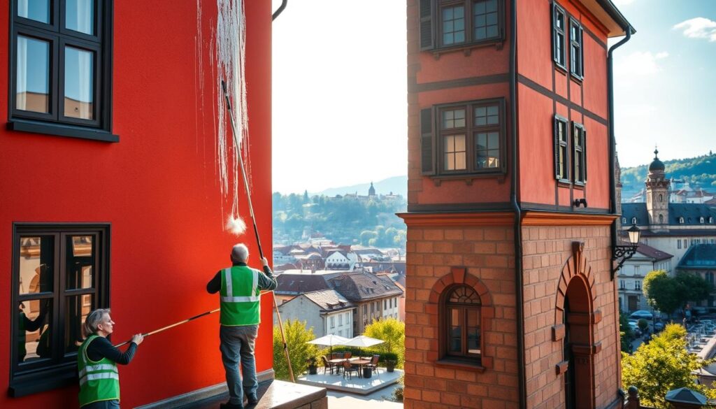 A vibrant facade in Basel, Switzerland, illuminated by warm, diffused sunlight. In the foreground, a team of environmentally-conscious workers carefully cleaning the building's surface using eco-friendly solutions and soft-bristle brushes. The middle ground showcases the unique architectural details of the structure, with its ornate window frames and intricate masonry. In the background, a picturesque cityscape of historic buildings and lush greenery, reflecting the region's commitment to sustainable urban development. The scene conveys a sense of diligence, environmental stewardship, and regional pride.