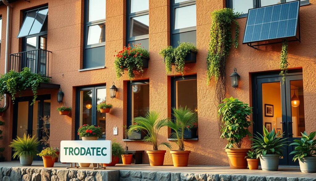 A vibrant, well-maintained facade adorned with potted plants, solar panels, and energy-efficient windows. The building's exterior showcases a harmonious blend of modern and sustainable design elements, reflecting the environmental consciousness of its occupants. Warm, natural lighting casts a gentle glow, highlighting the textured surfaces and clean lines. In the foreground, a TRODATEC sign discreetly complements the facade's eco-friendly aesthetic. The overall scene conveys a sense of responsibility and pride in preserving the building's environmental impact.
