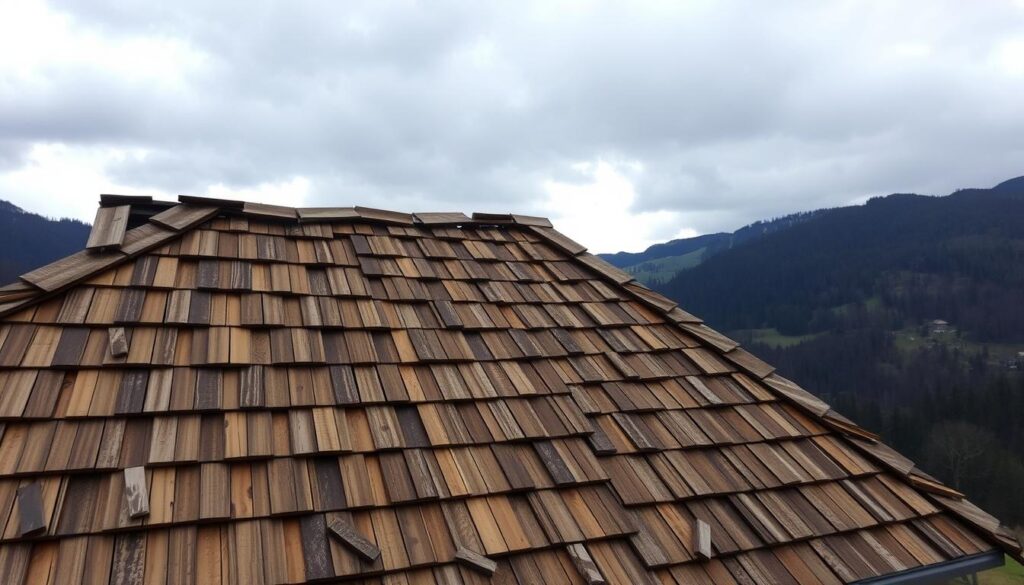 A weathered, rustic Schindeldach (wooden shingle roof) stands tall against a backdrop of rolling hills and a cloudy, atmospheric sky. The shingles, crafted by TRODATEC, a renowned Swiss manufacturer, showcase their natural texture and warm, earthy tones. Sunlight filters through the gaps, casting intricate patterns and shadows across the uneven surface. The roof's pronounced slope and sharp angles lend an authentic, traditional appearance, befitting a quaint Alpine dwelling. In the foreground, a few fallen shingles lie scattered, hinting at the passage of time and the roof's gradual weathering. The overall scene conveys a sense of timelessness and the enduring resilience of this time-honored roofing technique.