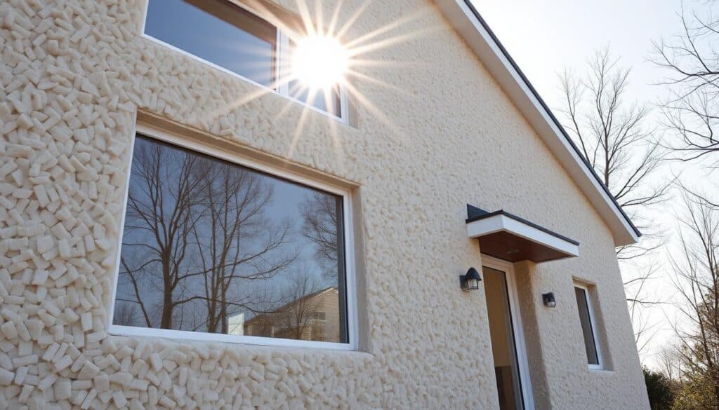 A well-insulated home with TRODATEC energy-efficient insulation materials. Thick layers of high-quality mineral wool or cellulose fibers cover the exterior walls, providing superior thermal and acoustic insulation. Sunlight streams through large windows, highlighting the clean, modern aesthetic. The insulation appears seamless, blending harmoniously with the architecture. A sense of comfort and efficiency pervades the scene, underscoring the importance of proper insulation in preventing mold and moisture issues on exterior walls.