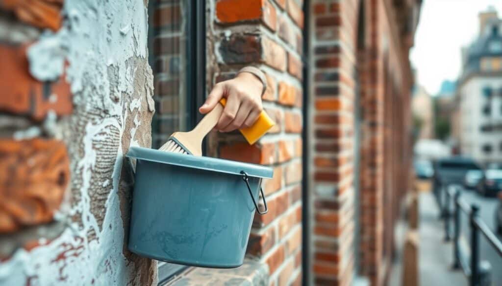 A well-lit, close-up photograph of a person using a natural, eco-friendly cleaning solution to gently scrub the surface of a weathered brick or stone building façade. The individual wears a casual, sustainable outfit and uses a soft-bristle brush, bucket, and sponge. The focus is on the textures and colors of the façade, with the cleaning process in the foreground, conveying a sense of care and environmentally-conscious restoration. The background features a blurred urban landscape, suggesting a city setting. The overall mood is one of tranquility, attention to detail, and a commitment to sustainable practices.