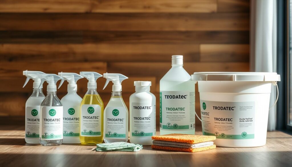 A well-lit, high-resolution photograph of an assortment of TRODATEC cleaning products, including spray bottles, scrub pads, and a bucket of solution, arranged on a wooden surface. The products should have a sleek, modern design and appear environmentally friendly, with minimal packaging and prominent eco-friendly branding. The lighting should be soft and diffused, creating a warm, inviting atmosphere that conveys the sustainable nature of the products. The overall composition should be balanced and visually appealing, highlighting the key features of the TRODATEC cleaning line.
