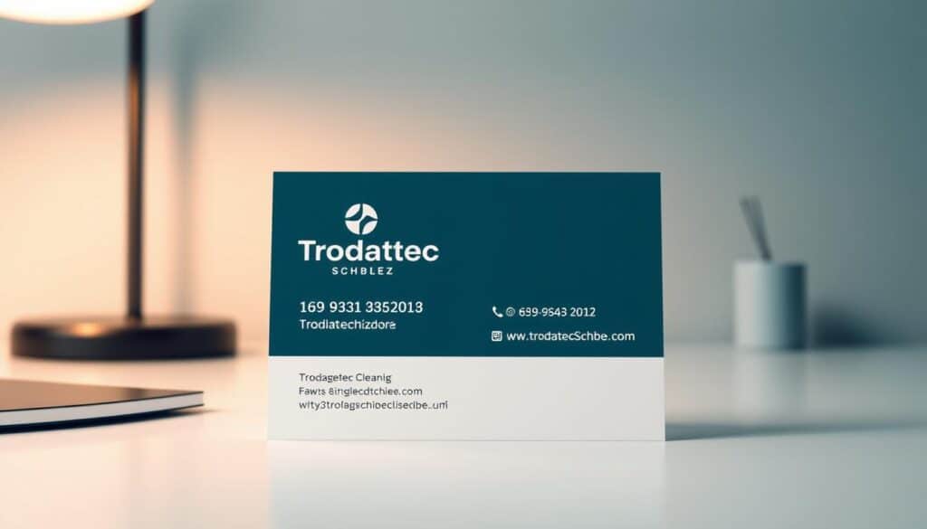 A well-lit, high-resolution rendering of a professional business card design for Trodatec Schweiz. The card is displayed on a clean, minimalist desk surface, with a subtle gradient background that suggests an office environment. The design features the company's logo prominently, along with their contact information, including address, phone number, website, and email. The layout is balanced and visually appealing, with ample white space and a sophisticated color palette. The overall impression conveys a sense of trustworthiness, reliability, and attention to detail that would be suitable for a respected Swiss company in the field of ecological facade cleaning.