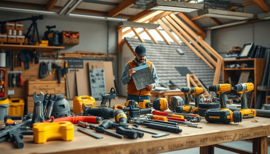 A well-lit workshop interior showcasing an array of TRODATEC professional tradesmen's tools and equipment. In the foreground, a variety of hand tools, power tools, and roofing materials are neatly organized on a sturdy workbench. The middle ground features a skilled roofer inspecting a shingle sample, while in the background, a partially constructed roof structure provides context. The scene conveys a sense of expertise, attention to detail, and the importance of careful workmanship when addressing roofing issues.