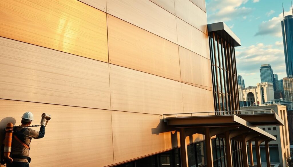 A well-maintained TRODATEC metallic facade glistens under the warm, directional lighting, showcasing its intricate textures and sleek, brushed finish. In the foreground, a worker carefully applies a protective coating, ensuring the facade's long-lasting durability. The middle ground features a range of metallic architectural details, from elegant trim to sturdy support structures, all harmoniously integrated. In the background, a city skyline provides a complementary urban backdrop, highlighting the facade's role in the overall aesthetic. The scene conveys a sense of diligence, craftsmanship, and a commitment to preserving the beauty and integrity of metallic building surfaces.
